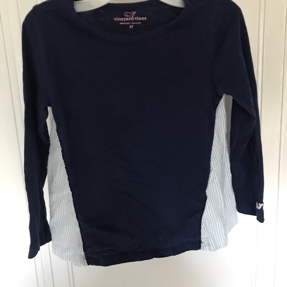 Navy long sleeve with faux 2 in 1 seersucker